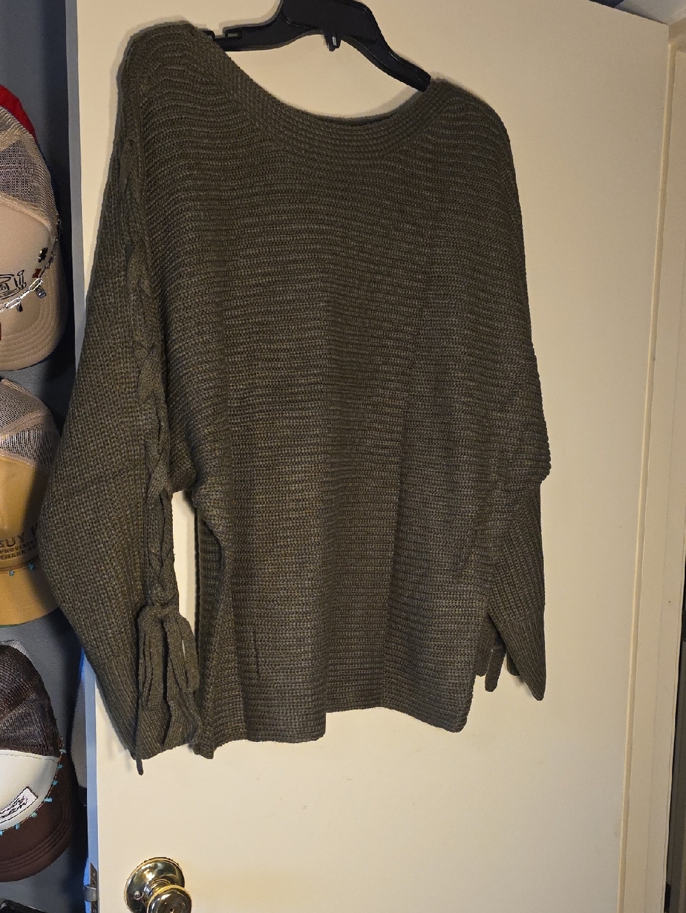 Olive Green Knit Sweater with Side Tie Detail